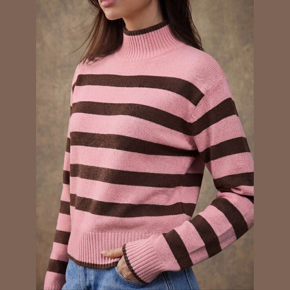 Pink Brown Striped Turtle Funnel Neck Knit Long Sleeve Sweater